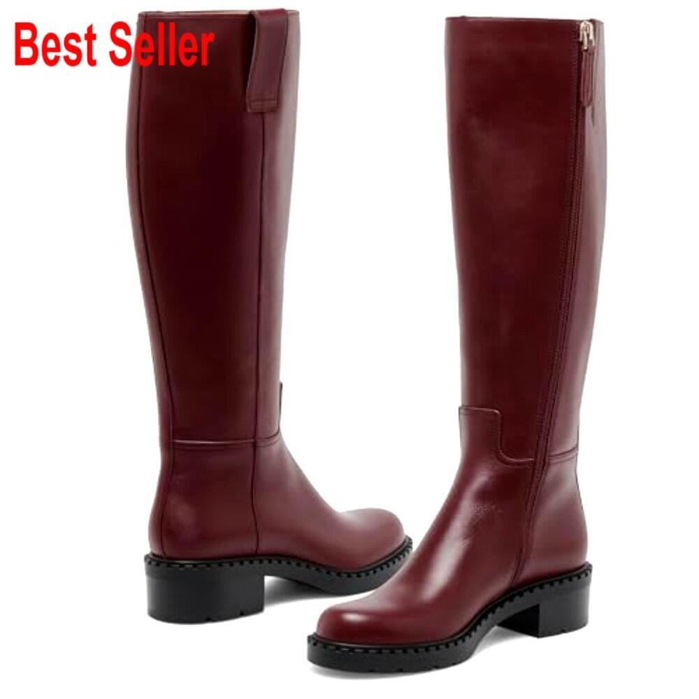 Faux Leather Knee High Boots Low Chunky Heel Round Toe Side Zipper - Picture 5 of 7